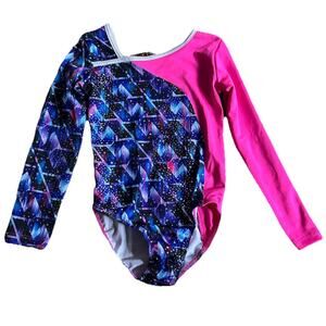 DANSKIN Long Sleeve Pink Girls Gymnastics Dance Leotard Asymmetrical 4/5